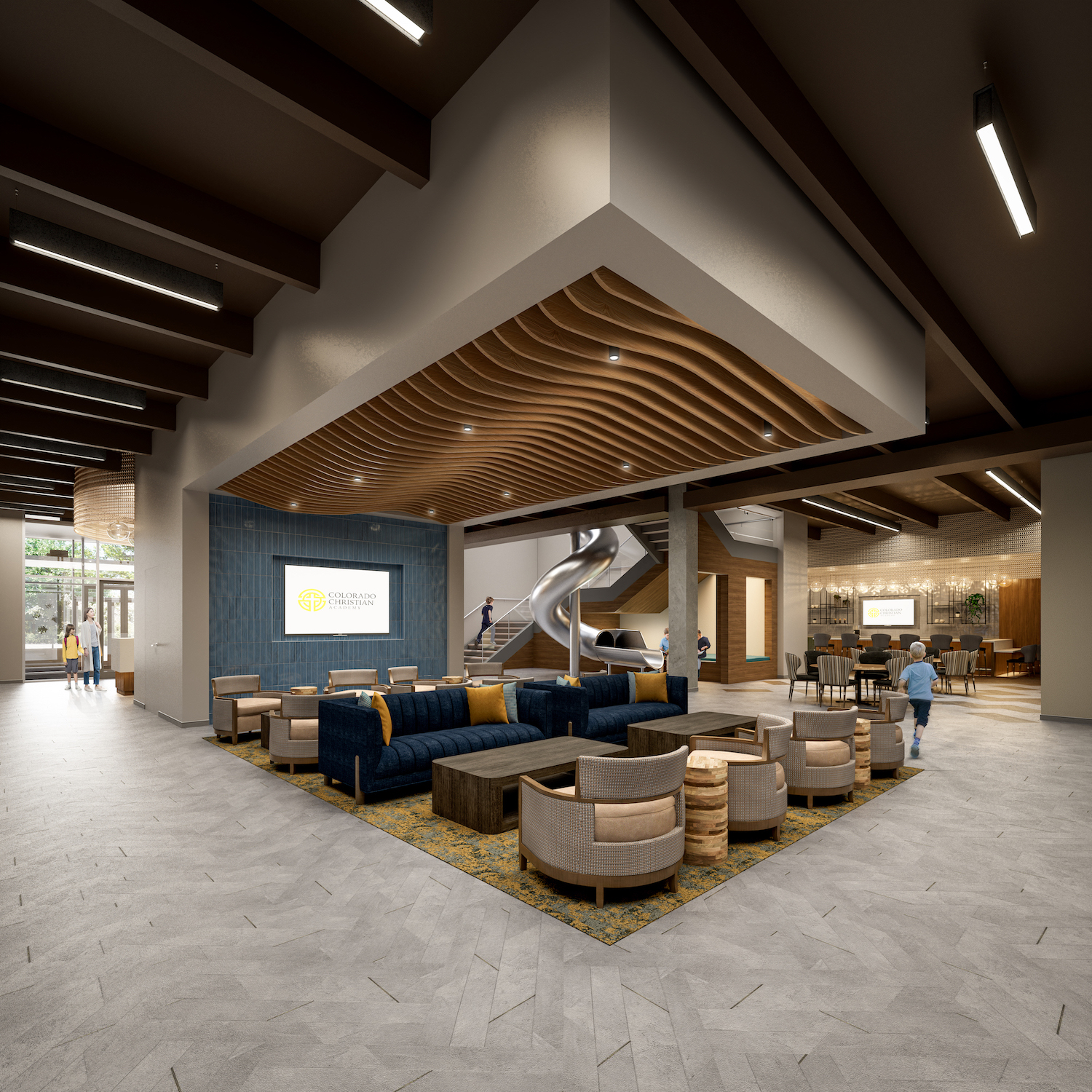 Interior design rendering for the Colorado Cristian Academy in Englewood, Colorado.