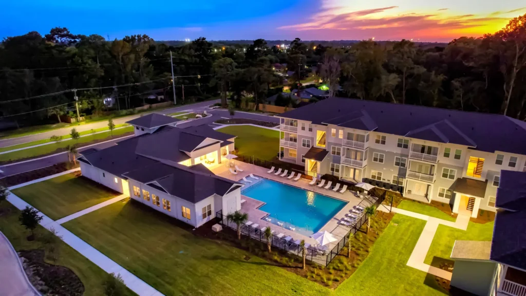 Sky view of the Exchange at Orange Park, a multifamily garden apartment development in Jacksonville, Florida.