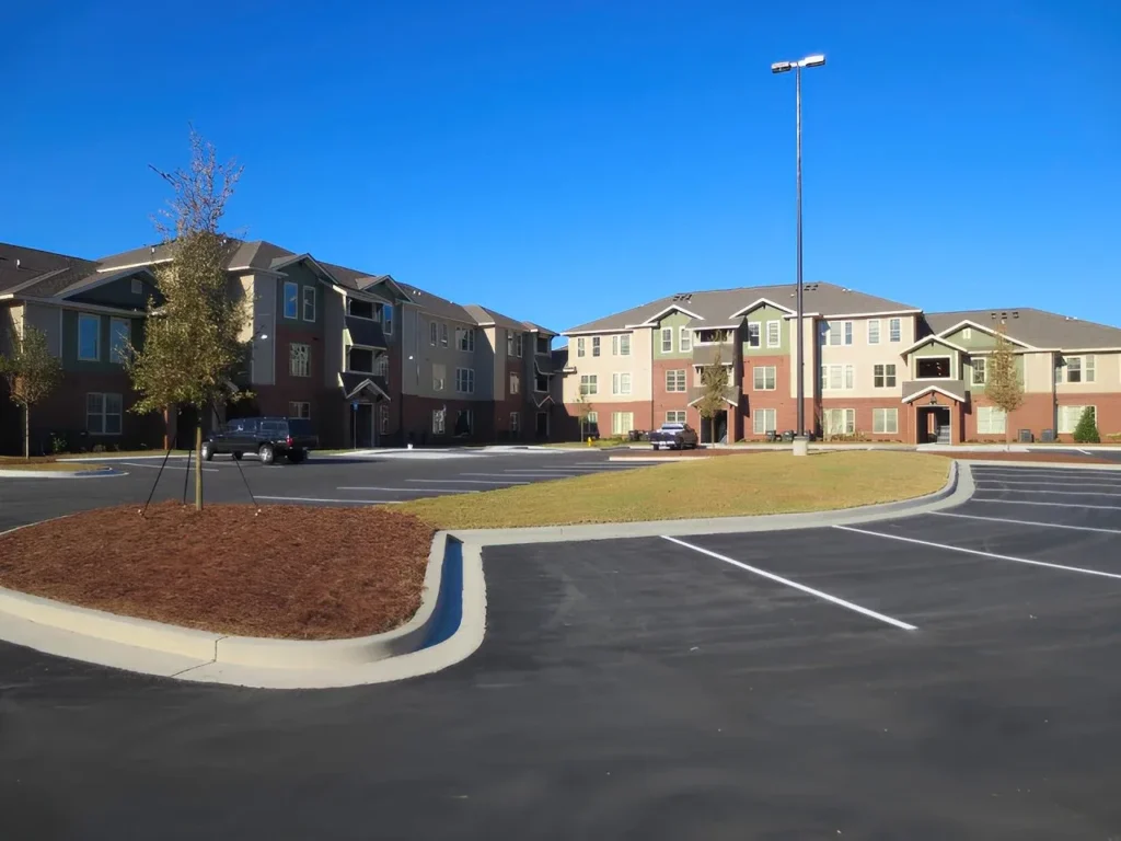 Walton Oaks is a garden apartment complex in Augusta, Georgia. This is a view with the parking lot.