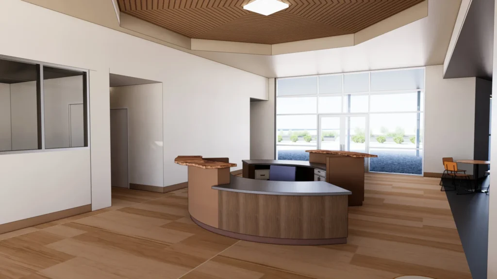 Interior rendering of the reception area of the Shiprock Dormitory in Shiprock, New Mex