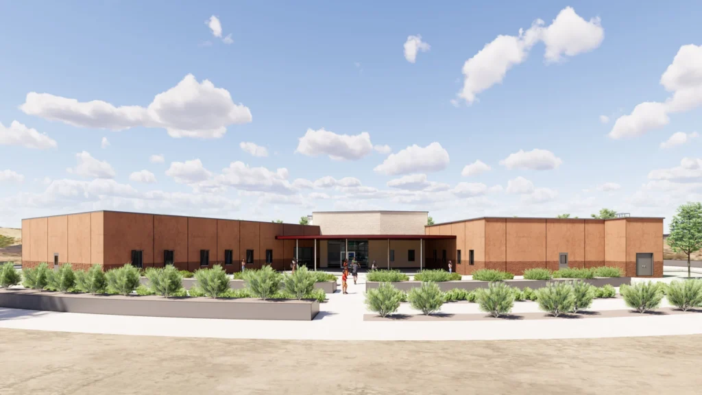 Exterior rendering of the front of the Shiprock Dormitory in Shiprock, New Mexico.