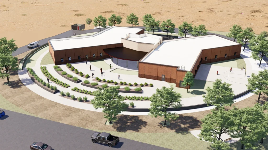 Birdseye view of an exterior rendering of the Shiprock Dormitory in Shiprock, New Mexico.