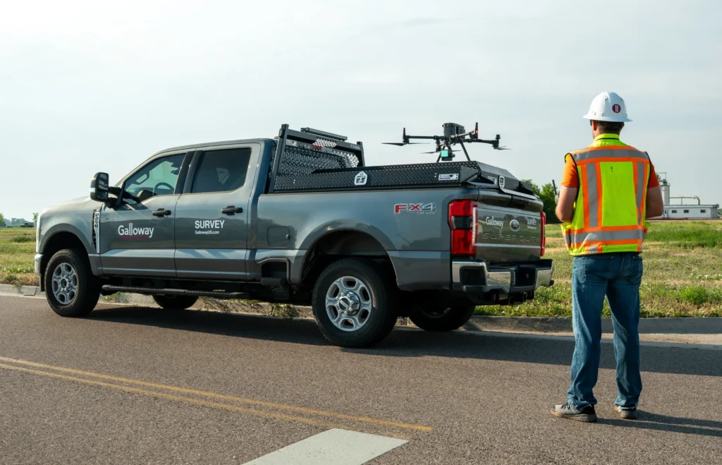 Galloway's land survey team launches a drone to scan and collect data for a large mixed-use development.