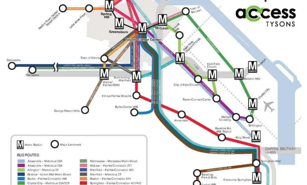 An Access Tysons map of the transportation services available in Tysons, Virginia
